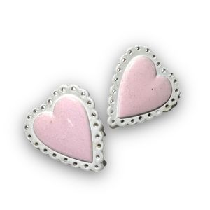VTG 1950s Pink with White lacy edged metal Heart earrings